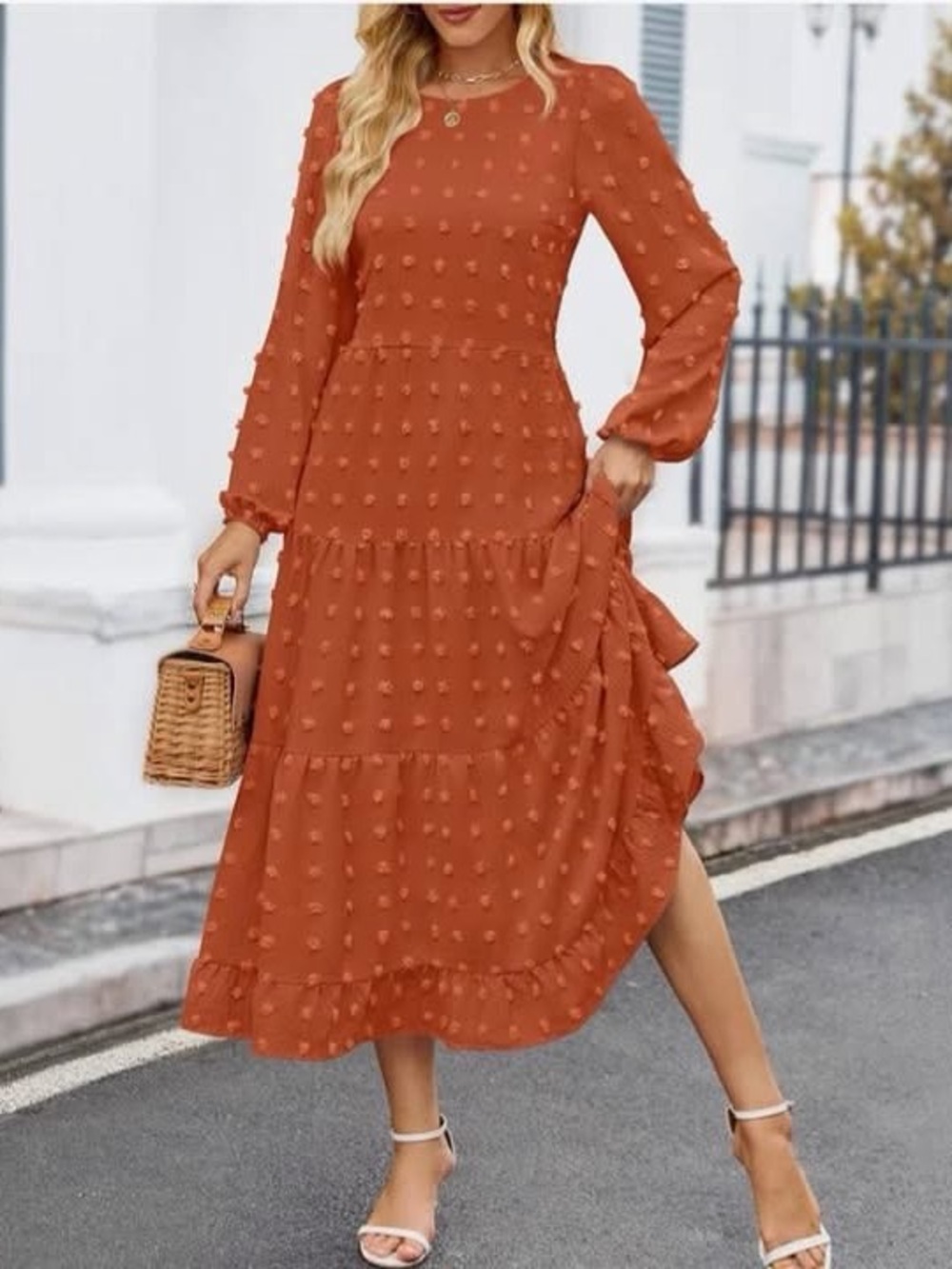 1. Crew Neck Swiss Dot Tiered Flowy A Line Dress